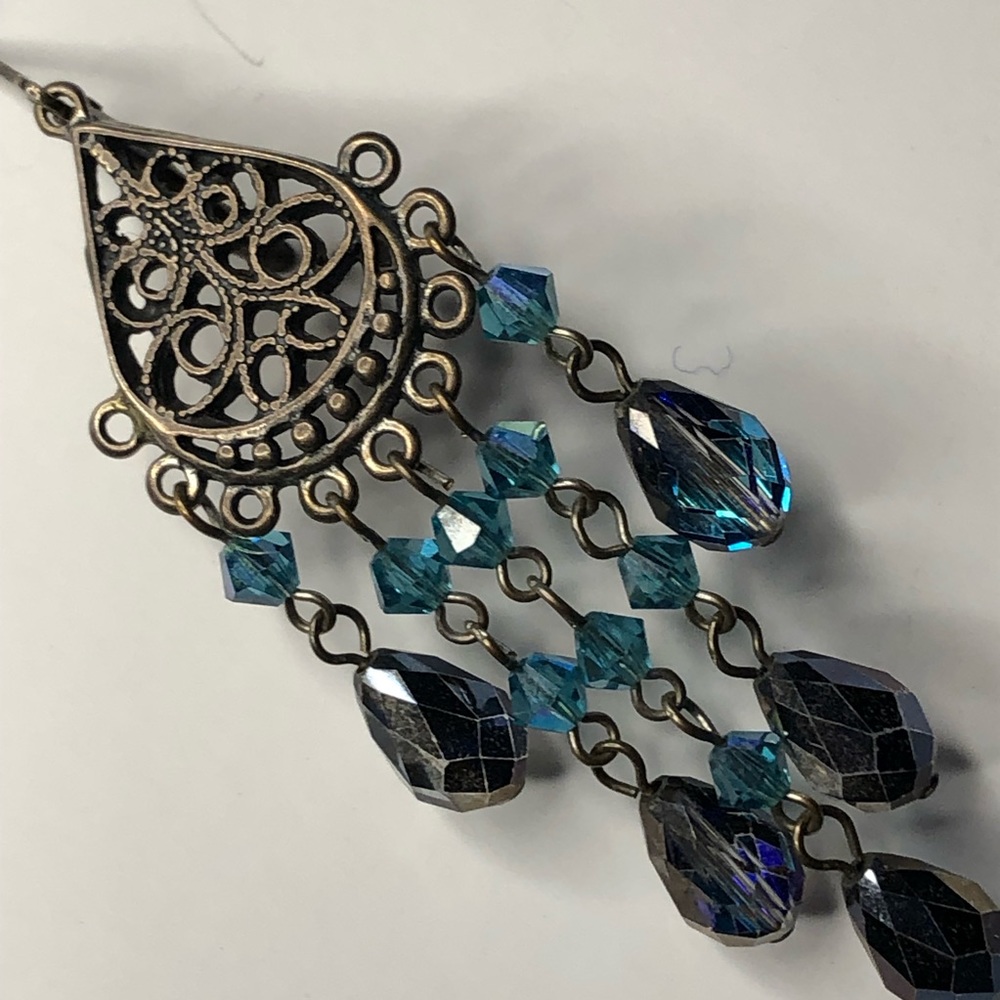 Handmade Sterling silver boho earrings w/ Swarovski crystals in charcoal & aqua - Picture 4 of 11